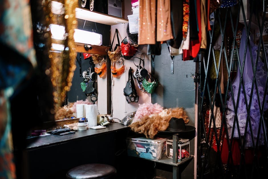 Costume rack with hats and jackets in a dressing room, the sartorial playground that this hit man review argues is the film's secret weapon